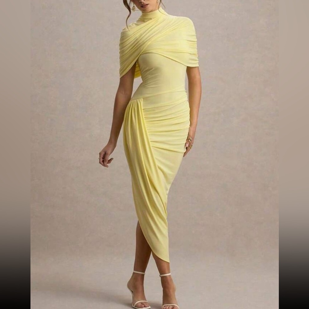 Yellow Asymmetric Ruched Midi Dress - Picture 2 of 5